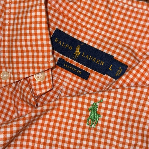 Polo Ralph Lauren Long Sleeve Button Down Oxford Shirt Mens L Orange White Check - Picture 1 of 5